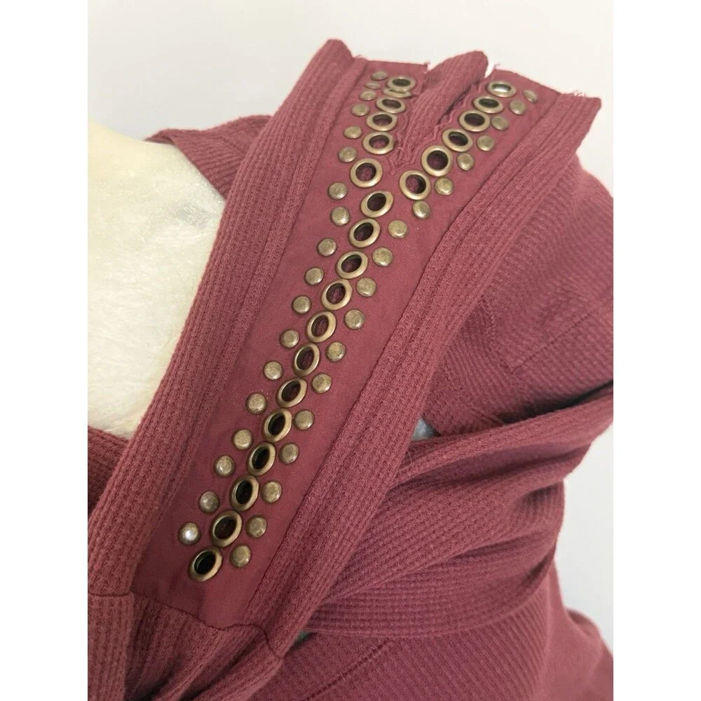 Free People Mia Thermal Top Red Jasper Long Sleeve Grommet Cuff Women M
